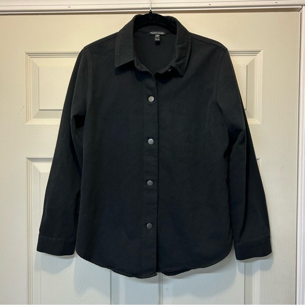 Eileen Fisher Shacket Button Down Shirt Jacket Black Collar Womens Size XXS - Picture 2 of 6